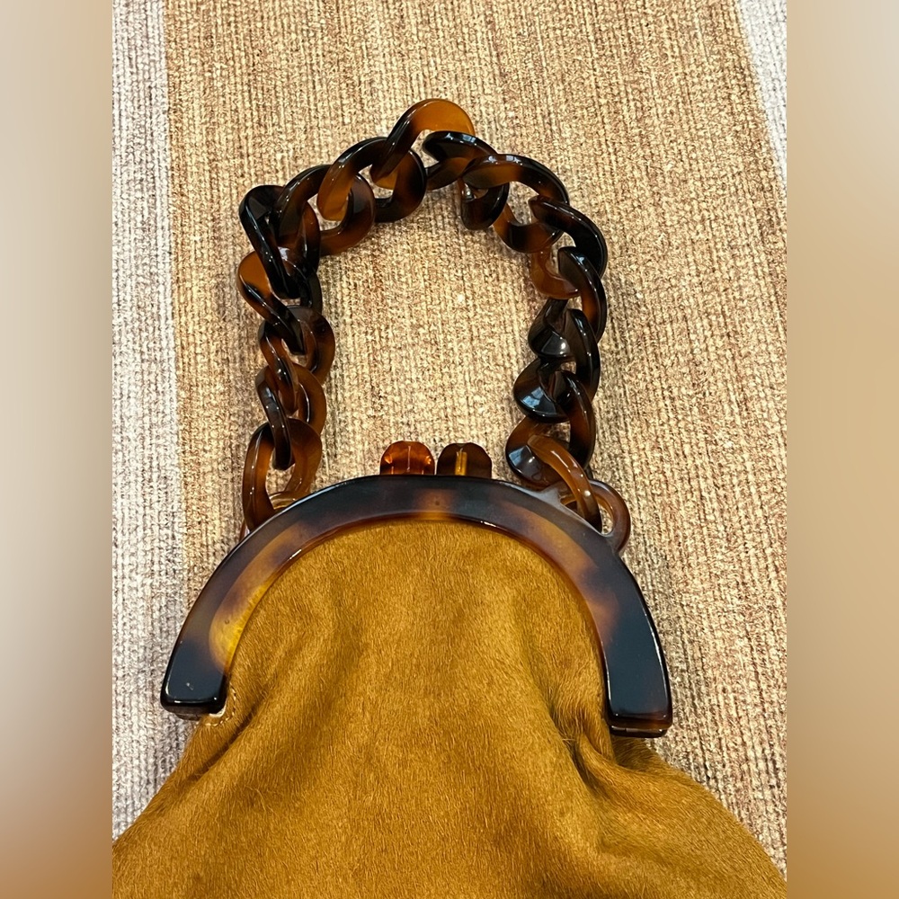 Anthropologie 100% Calf Hair Mini Top Handle Bag 8” brown and tortoiseshell - Picture 3 of 10